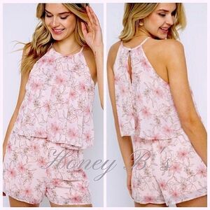 FLORAL Pastels Sheer Ruffled Overlay Sleeveless Lined Short Romper:Women’s Small